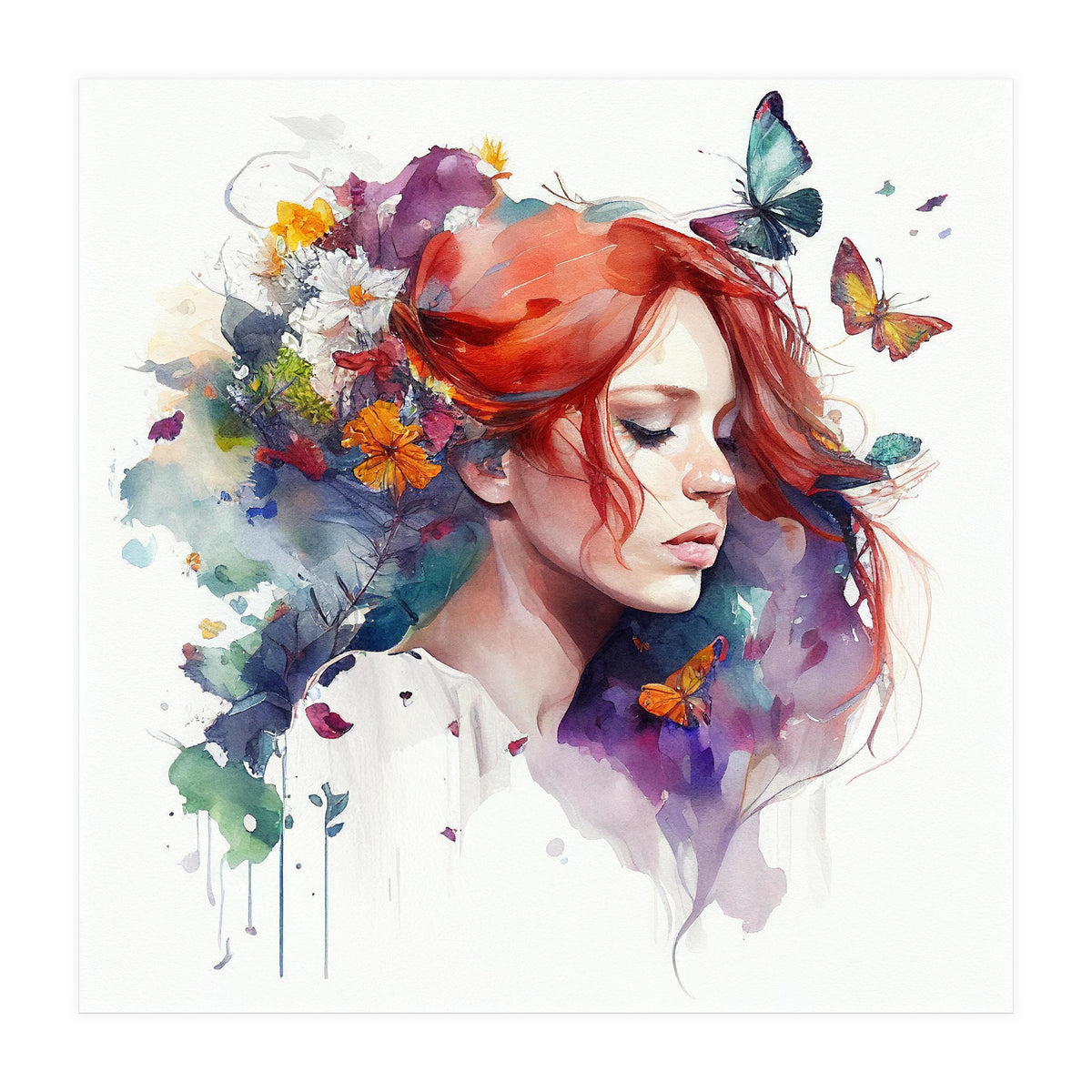 Watercolor Floral Red Hair Woman #1 (Print Only)