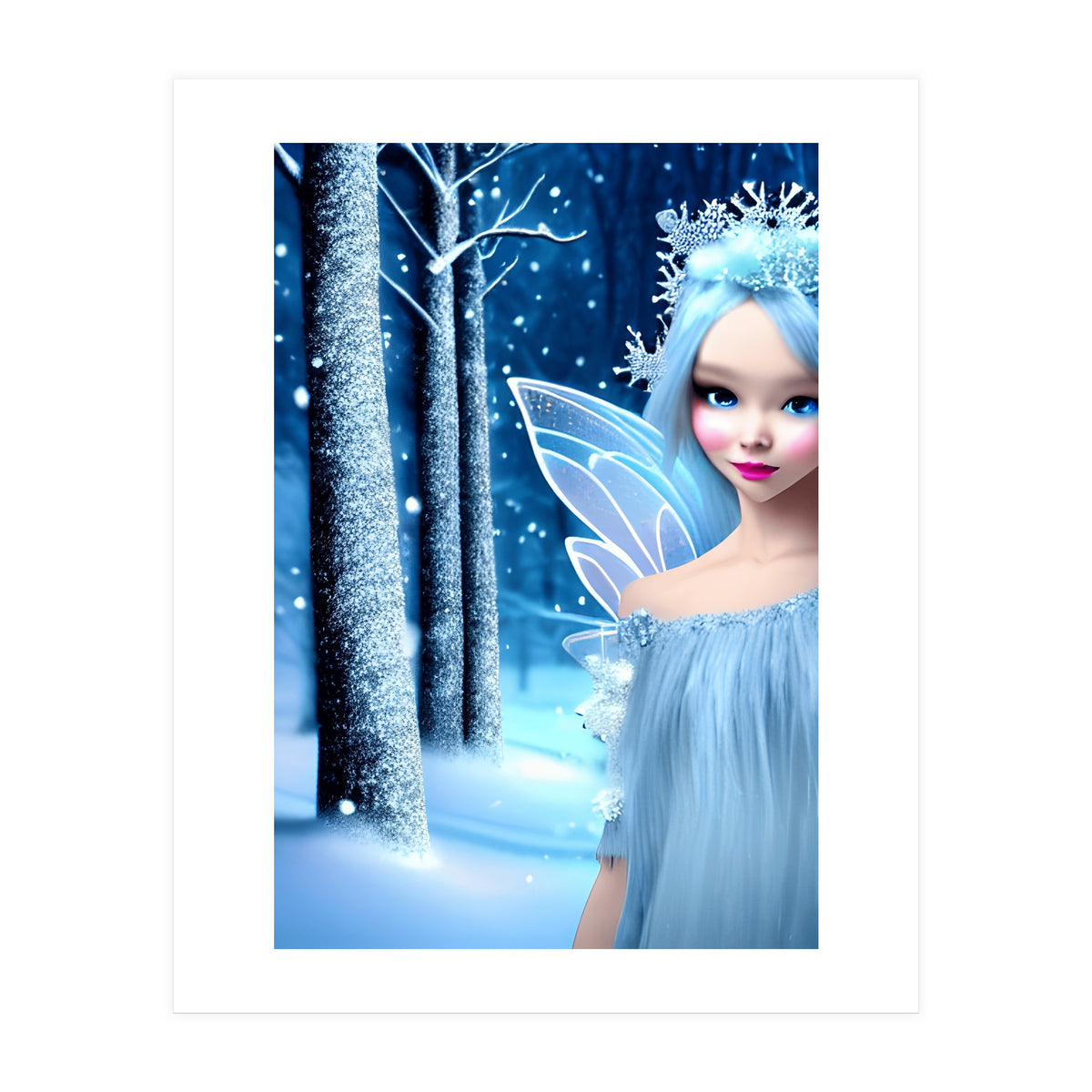 Cute 3d light blue Winter Fairy in the Forest (Print Only)