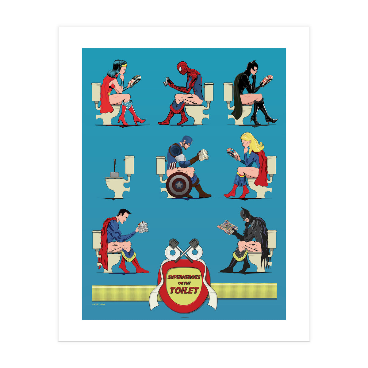 Superheroes on the Toilet, funny poo humour (Print Only)