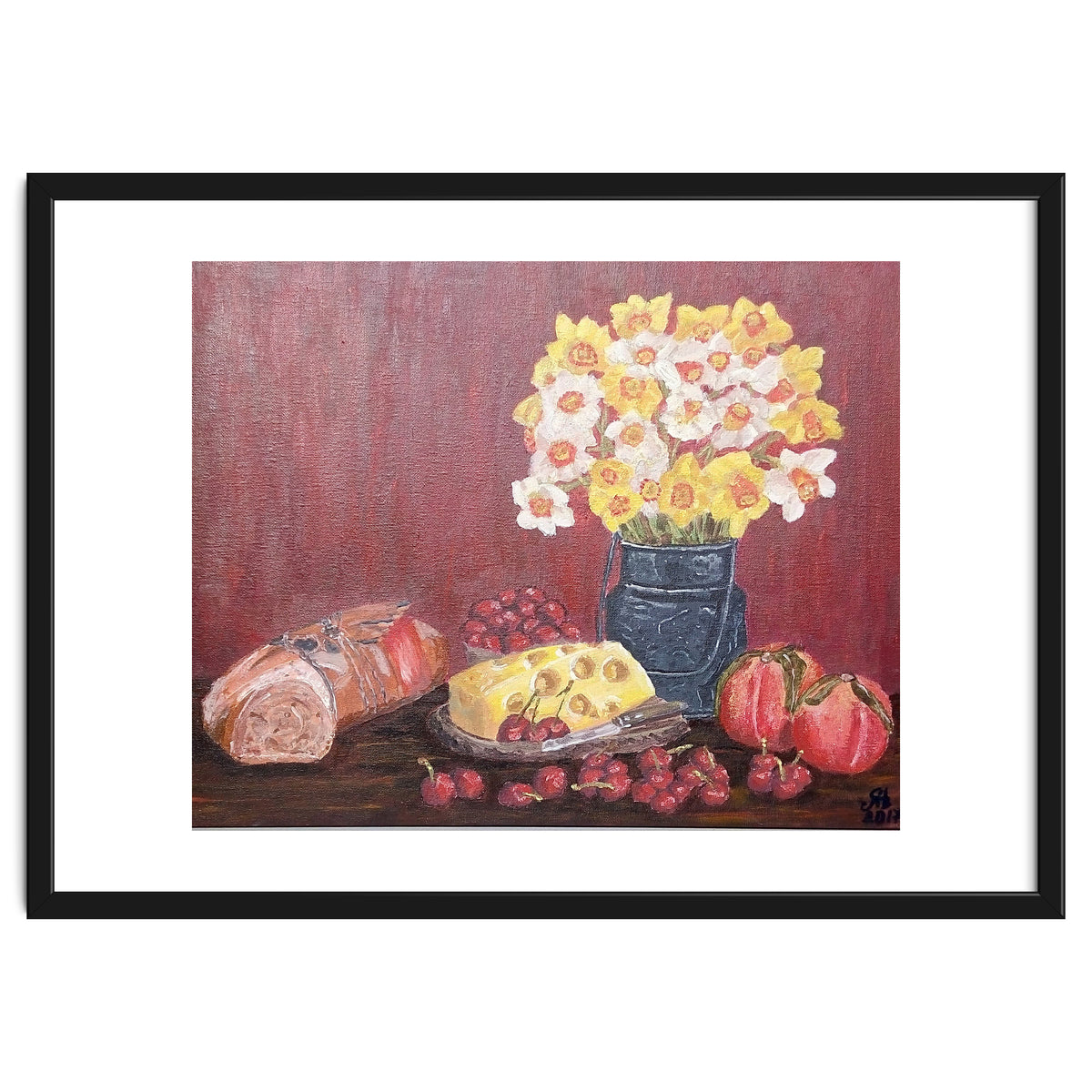Still life with cheese, daffodils on a red background.