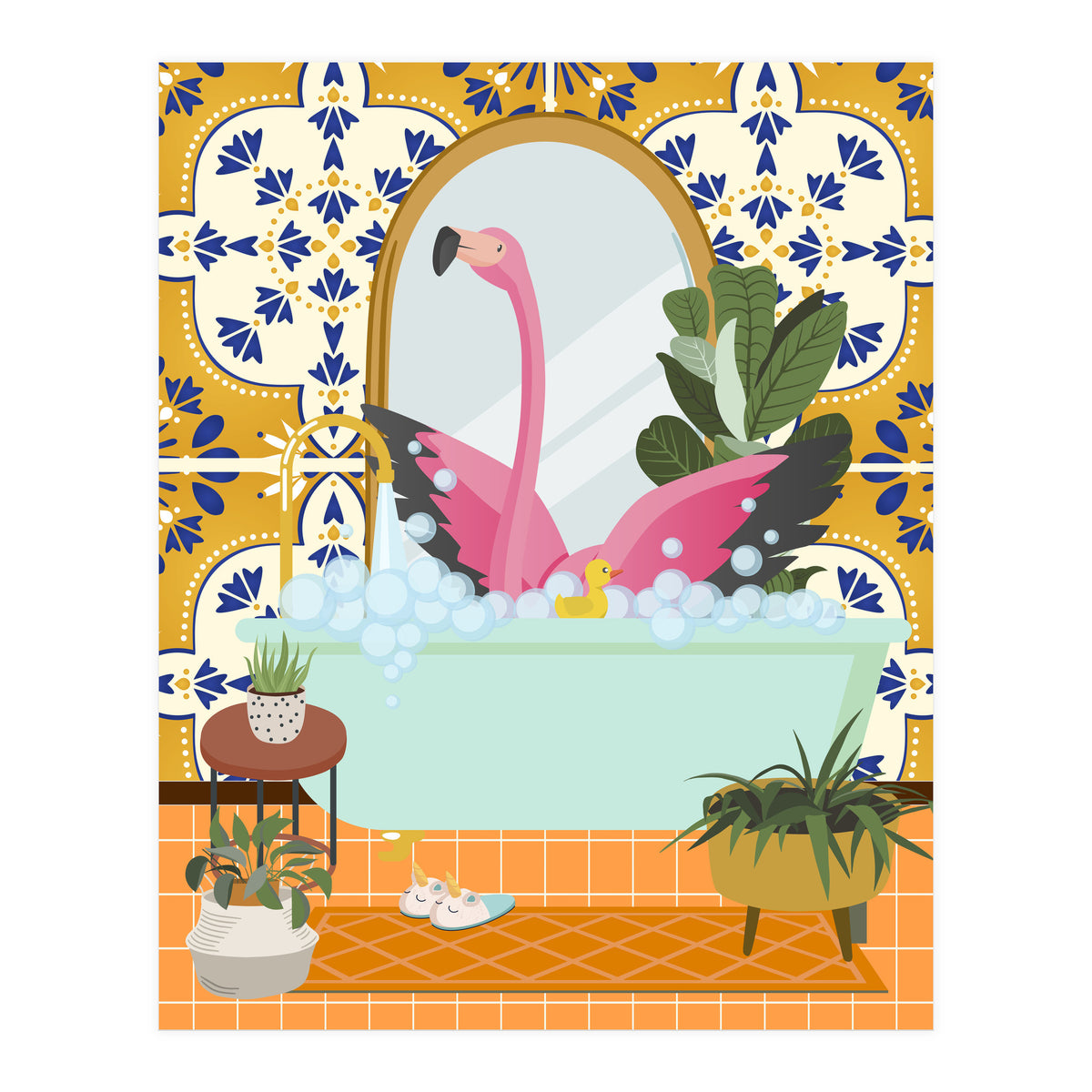 Flamingo Bathing in Moroccan Style Bathroom (Print Only)