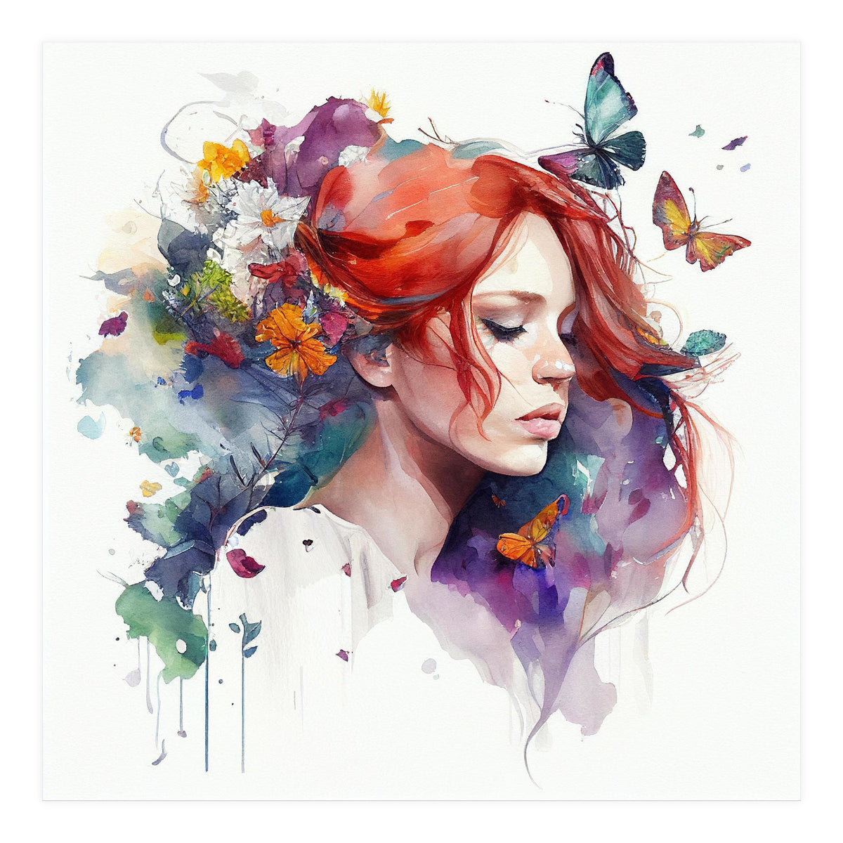 Watercolor Floral Red Hair Woman #1 (Print Only)