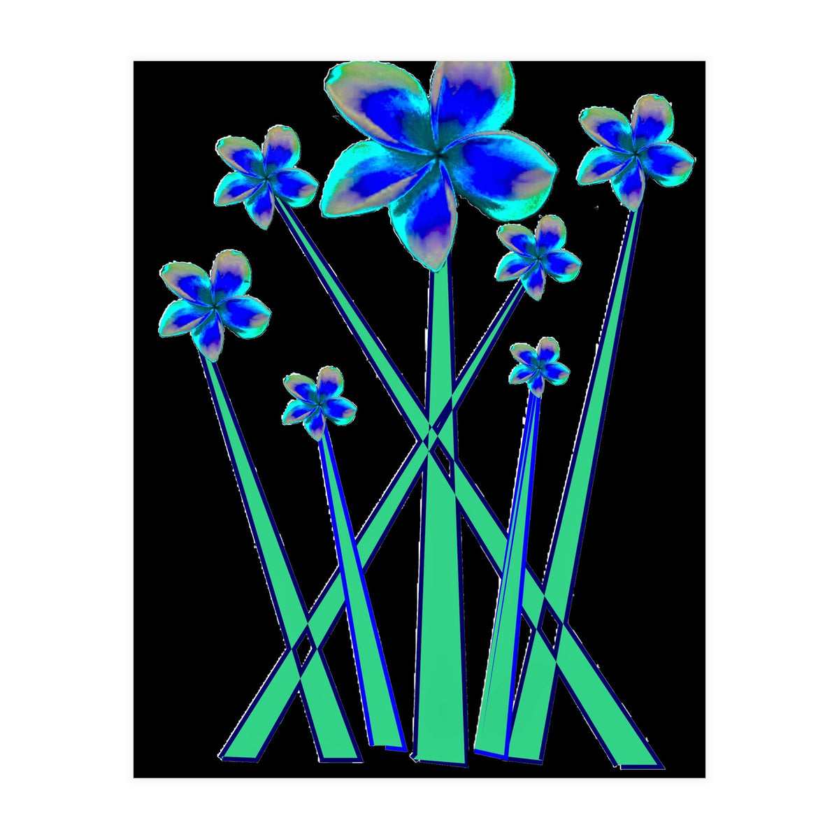 Blue flowers on black. (Print Only)