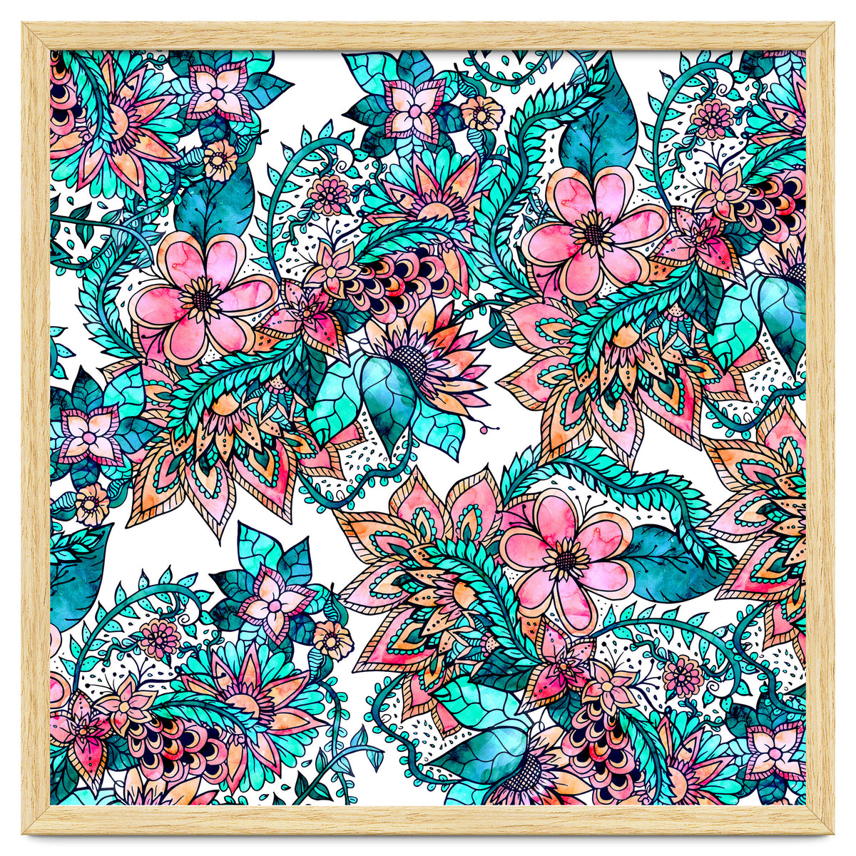 Boho turquoise pink floral watercolor illustration