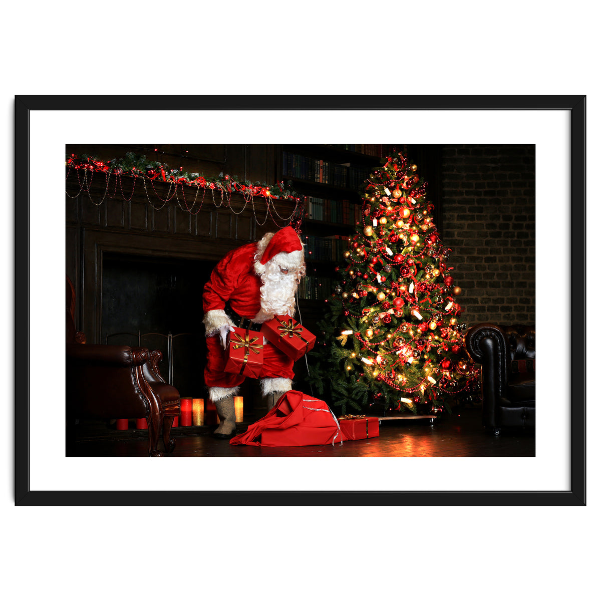 Santa Claus put his Christmas gift under the Xmas tree at midnight