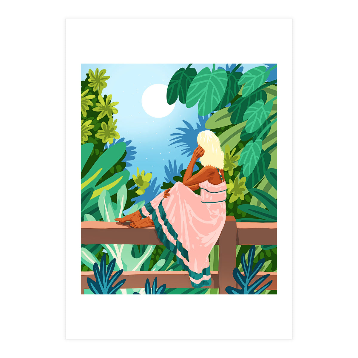 Forest Moon, Bohemian Woman Jungle Nature Tropical Colorful Travel Fashion Illustration (Print Only)