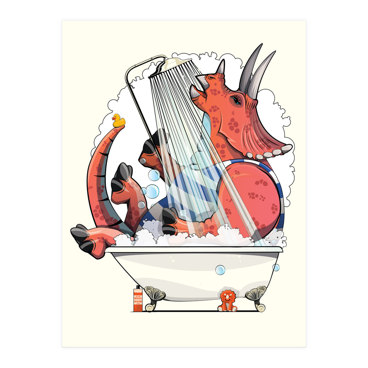 Dinosaur Triceratops in the Shower, funny bathroom humour (Print Only)