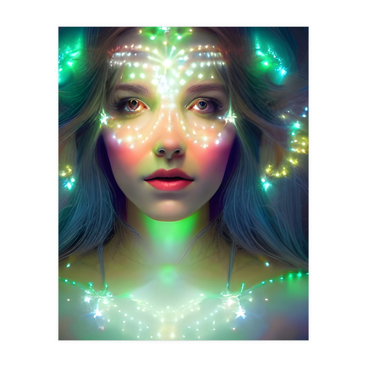 Glowing Green Stars - Goddess of Light Digital Fantasy Artwork (Print Only)