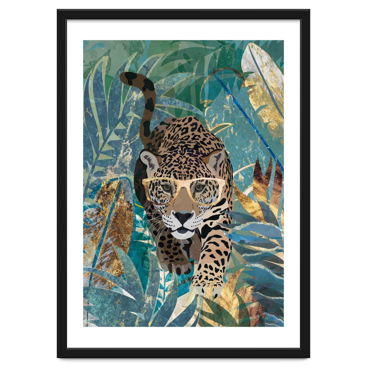 Jaguar in the gold and green tropical jungle