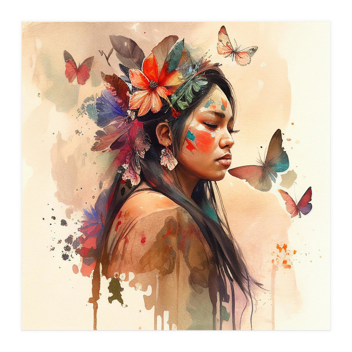 Watercolor Floral Indian Native Woman #8 (Print Only)