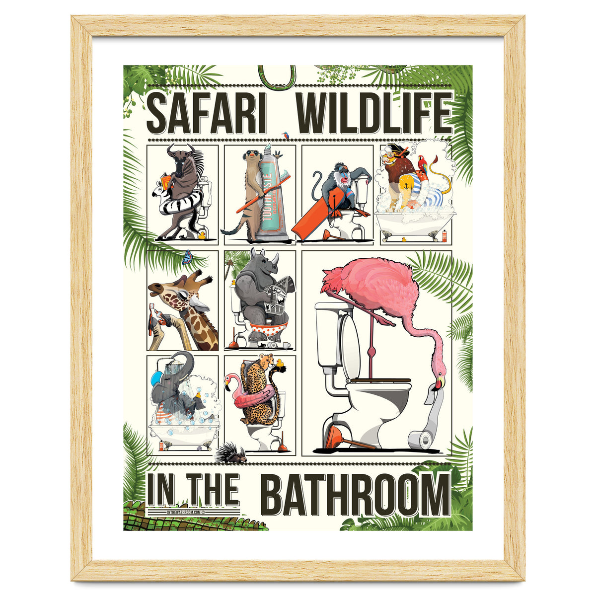 Safari wildlife animals in the bathroom, funny toilet humour.
