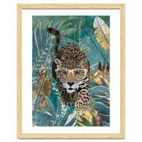 Jaguar in the gold and green tropical jungle