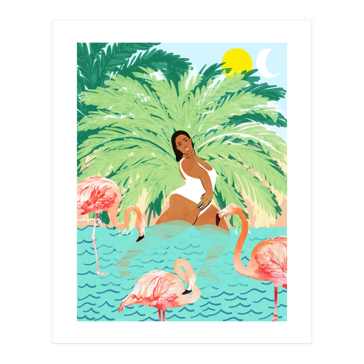 Tropical Summer Water Yoga with Palm & Flamingos | Woman of Color Black Woman Body Positivity (Print Only)