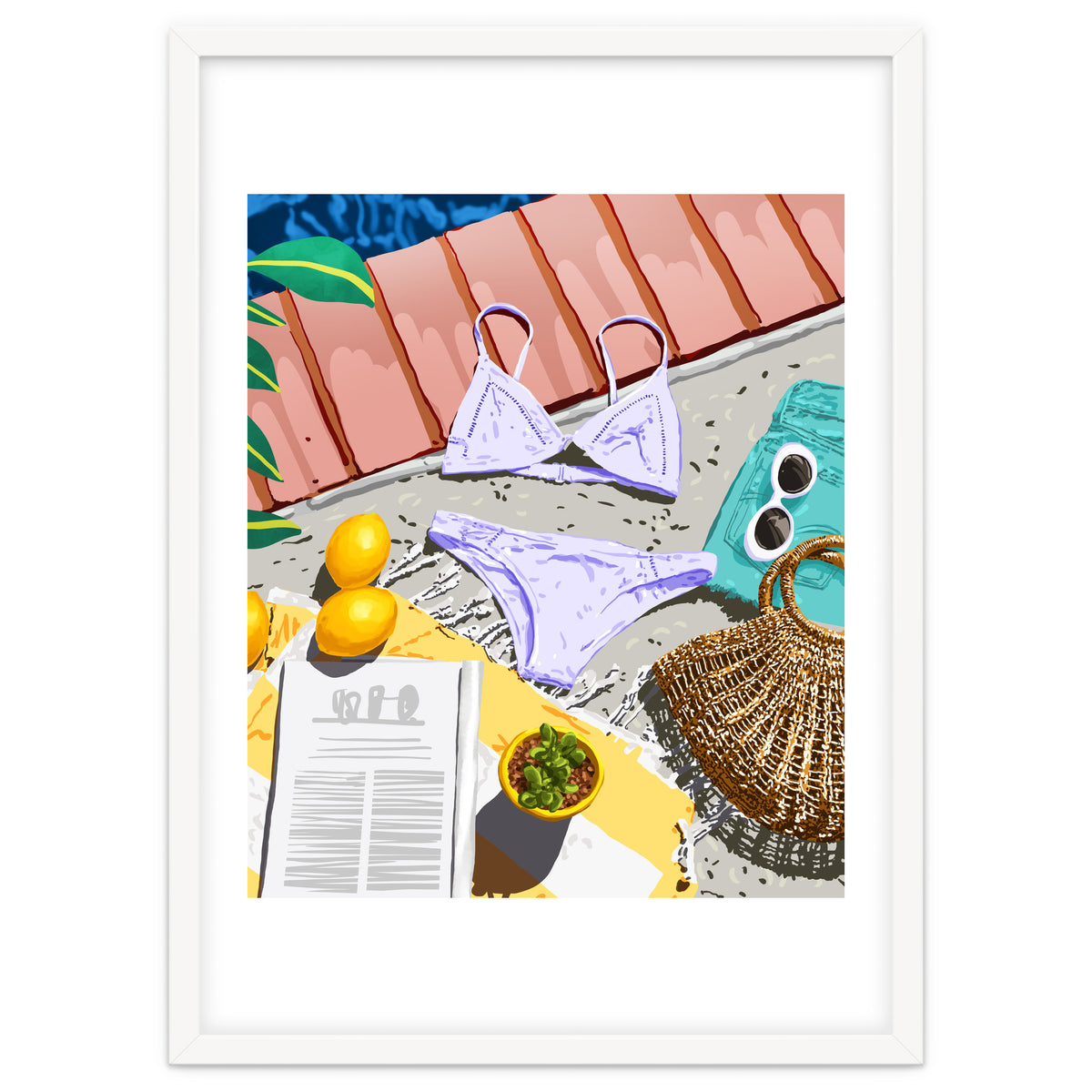 Summer on my mind, Tropical Travel Swimming Pool Fashion Illustration, Eclectic Beachy Summer Bikini