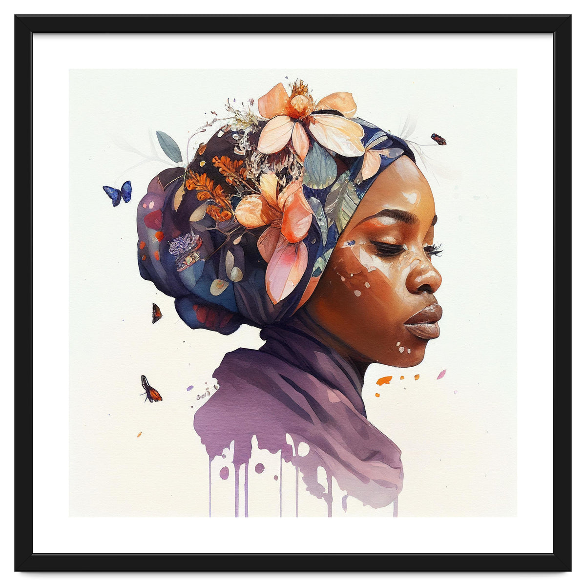 Watercolor Floral Muslim African Woman #4