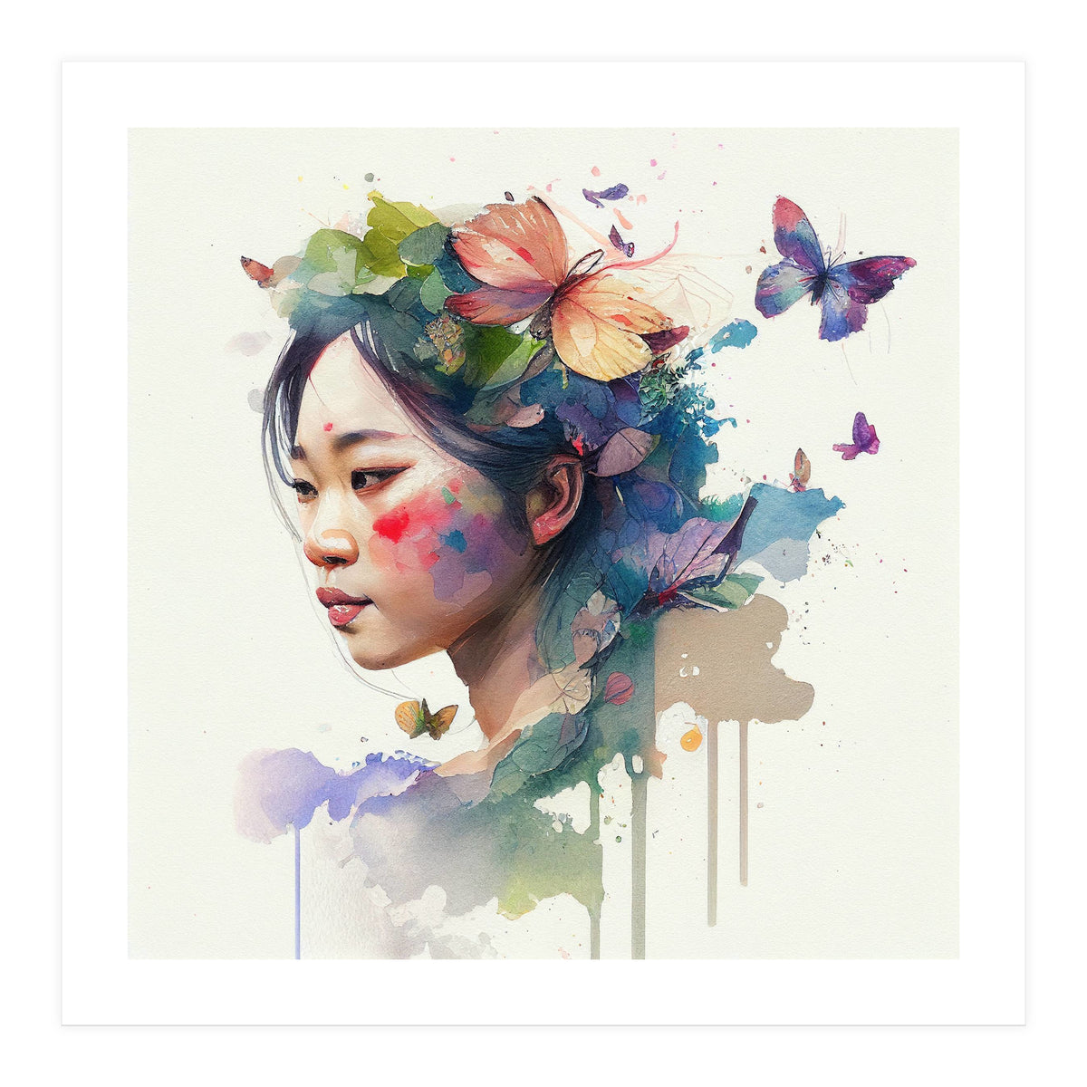 Watercolor Floral Asian Woman #7 (Print Only)