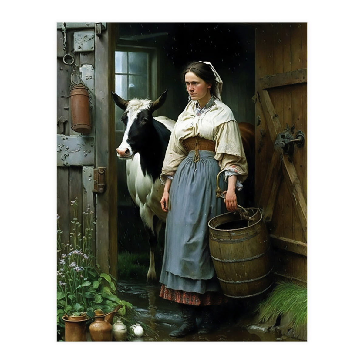 Farm Girl and Cow in Barn Oil Painting (Print Only)