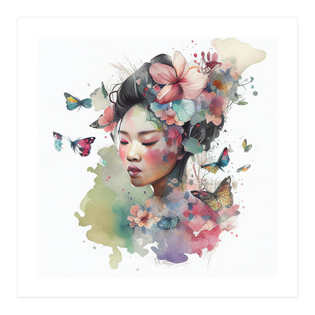 Watercolor Floral Asian Woman #6 (Print Only)