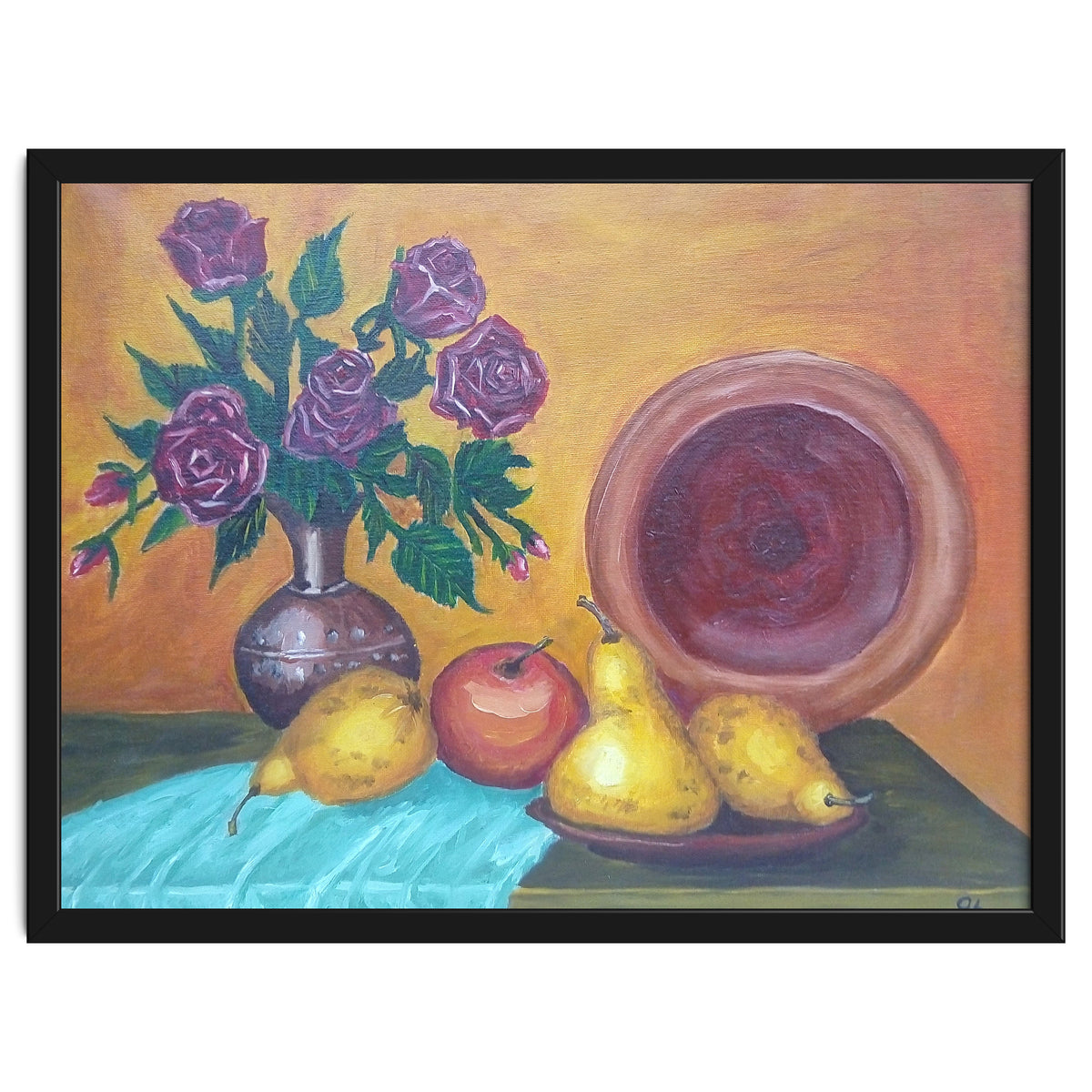 Still life with pears, roses and a dish.
