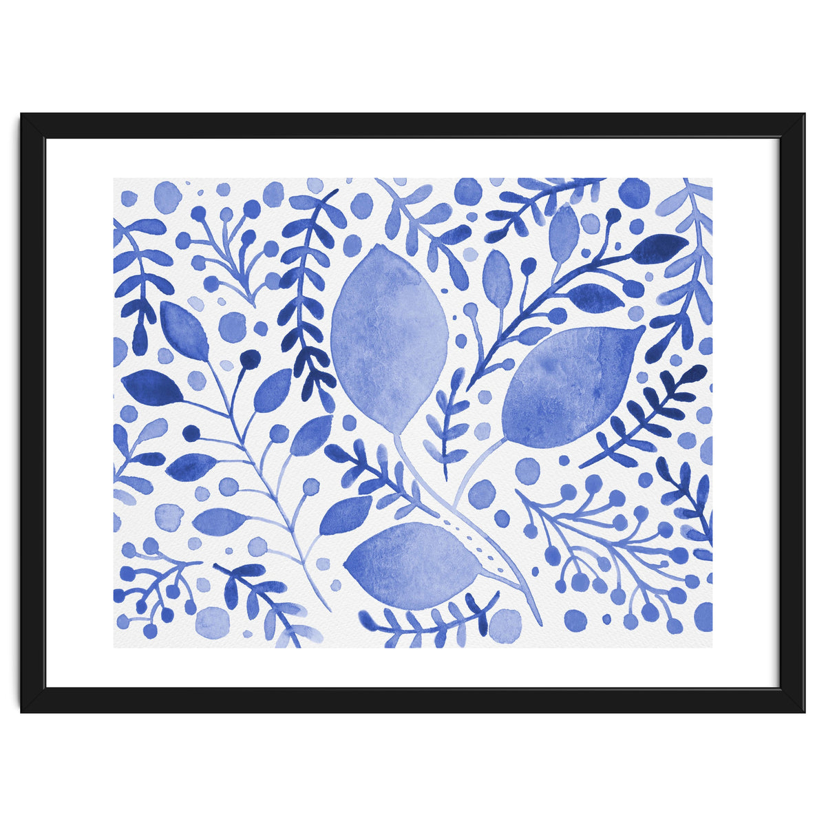 Watercolor branches and leaves - blue