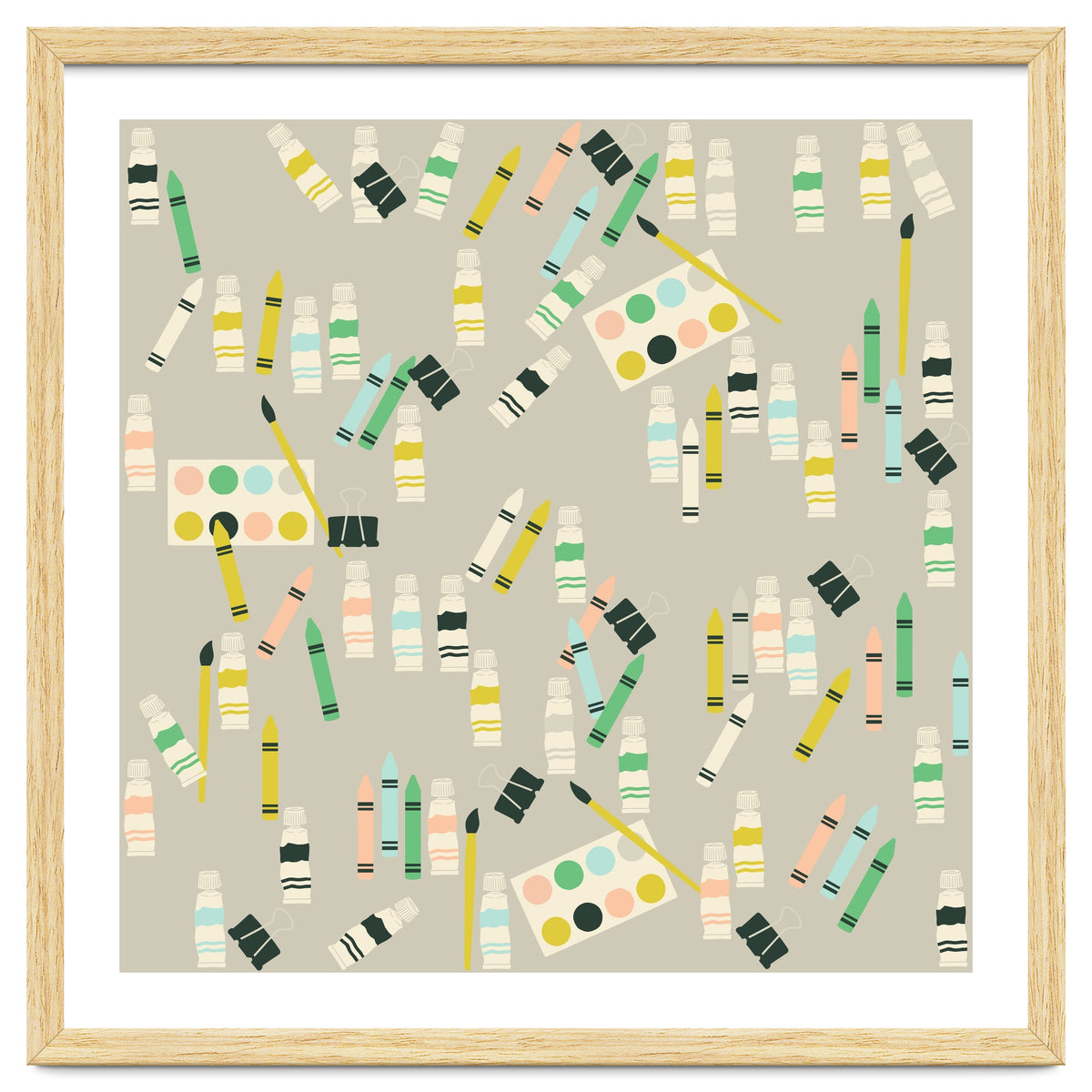 Artist pattern with crayons, watercolors and acrylic paint