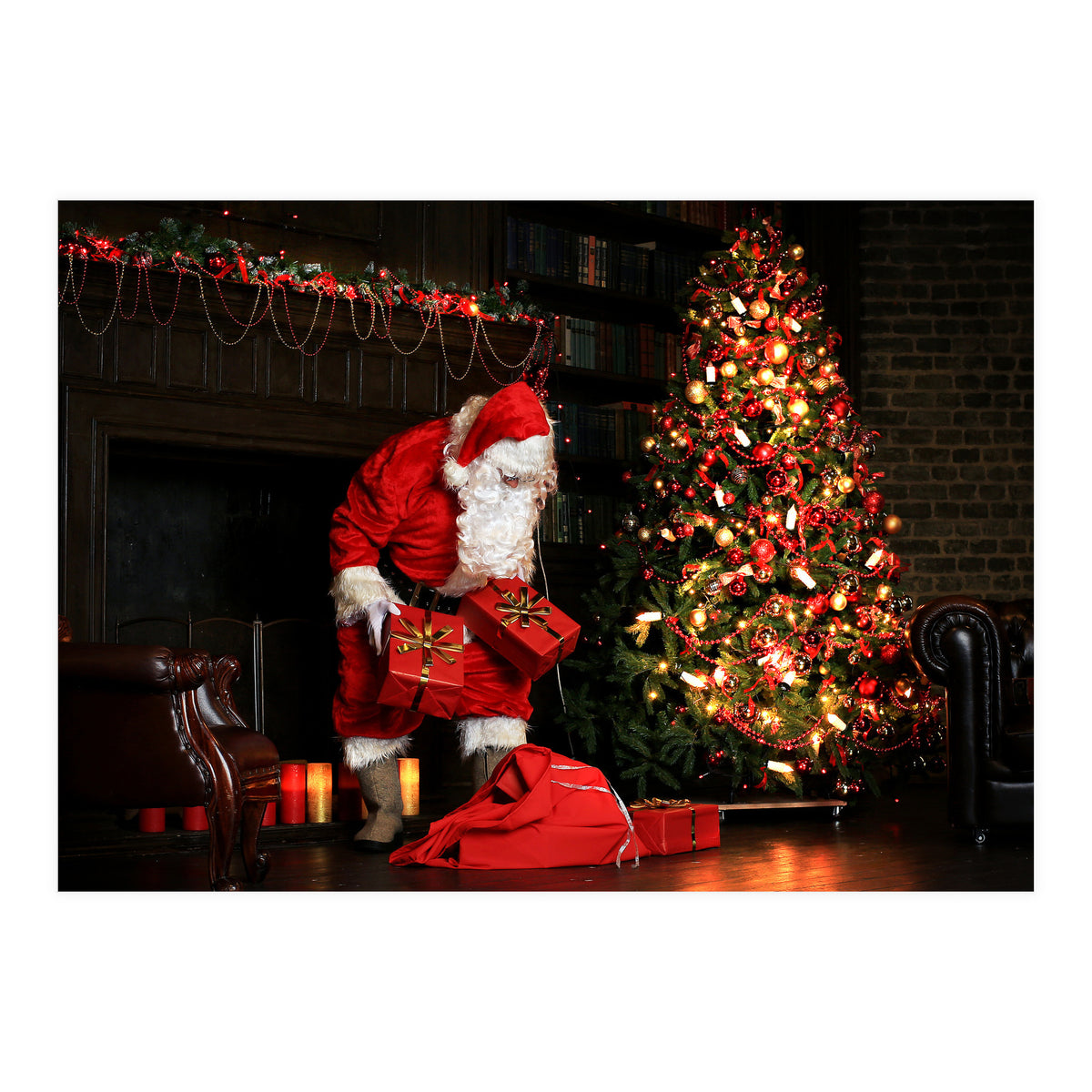 Santa Claus put his Christmas gift under the Xmas tree at midnight (Print Only)