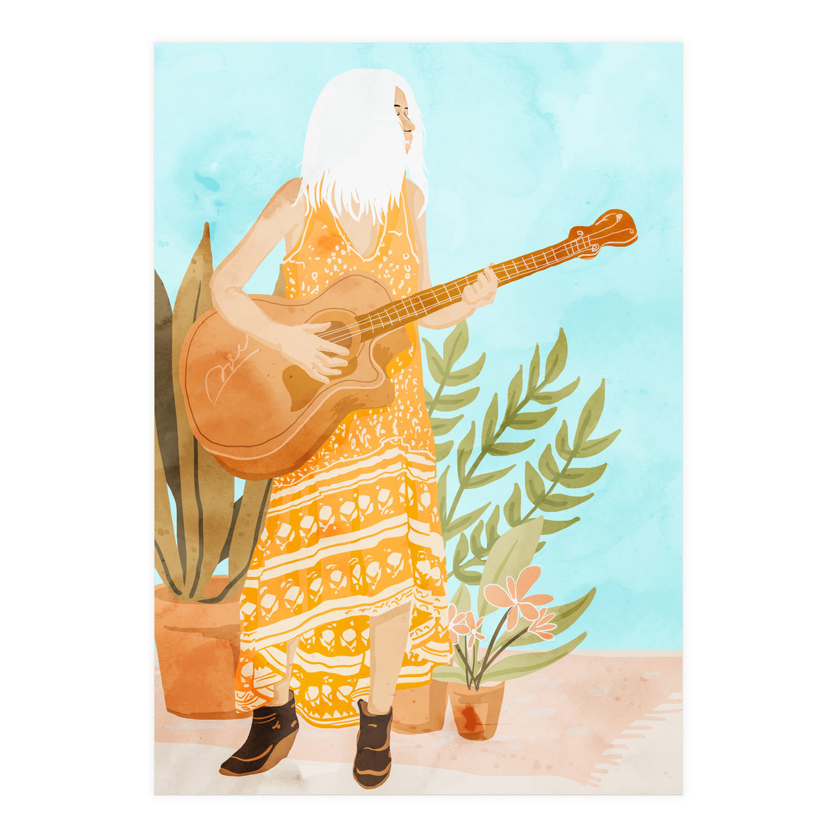 Music Soothes My Soul | Urban Hippie Bohemian Woman Playing the Guitar | Plant Lady Painting (Print Only)