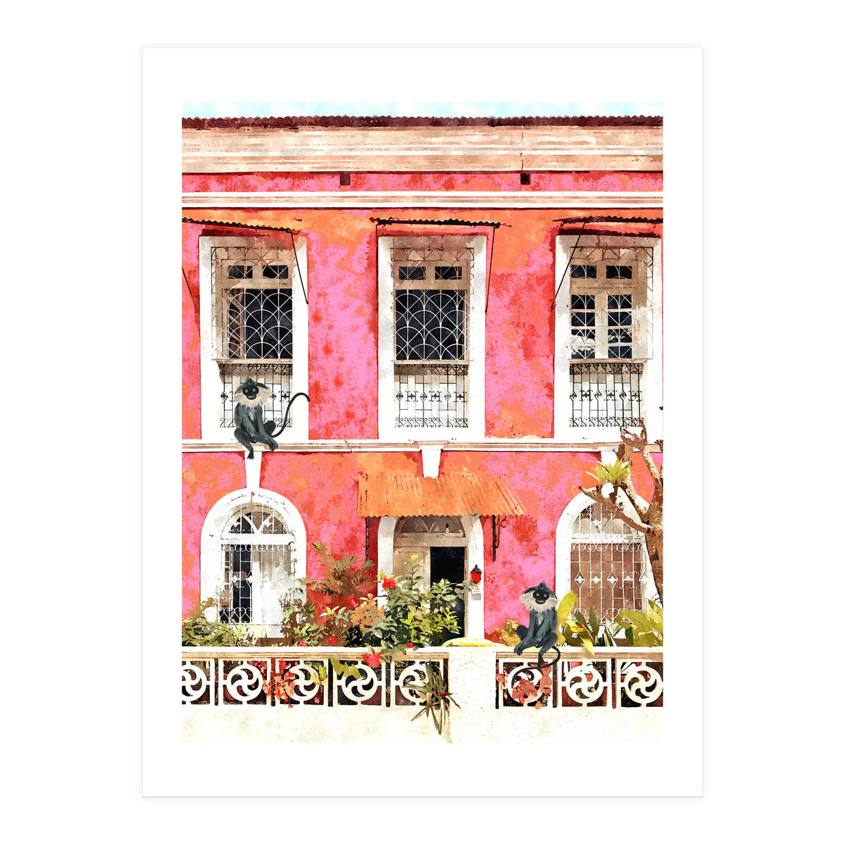 Monkey Business | Watercolor Tropical Goa Architecture Painting | Travel Pastel Pink Blush Building (Print Only)