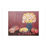 Still life with cheese, daffodils on a red background. (Print Only) thumbnail