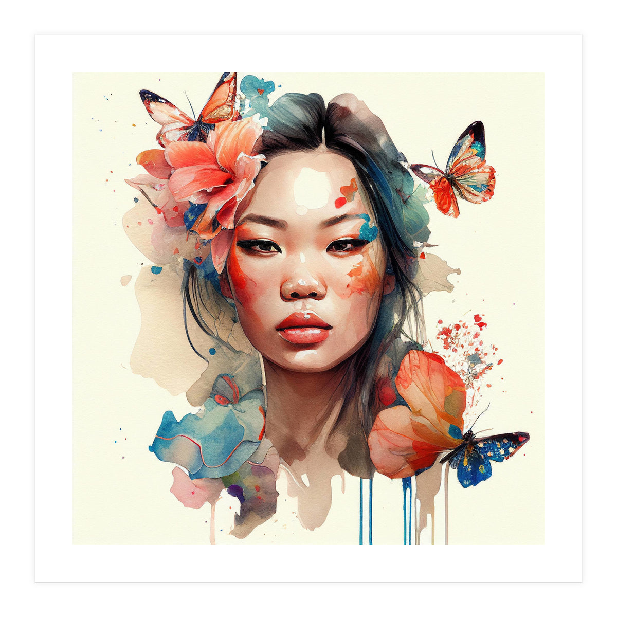 Watercolor Floral Asian Woman #1 (Print Only)
