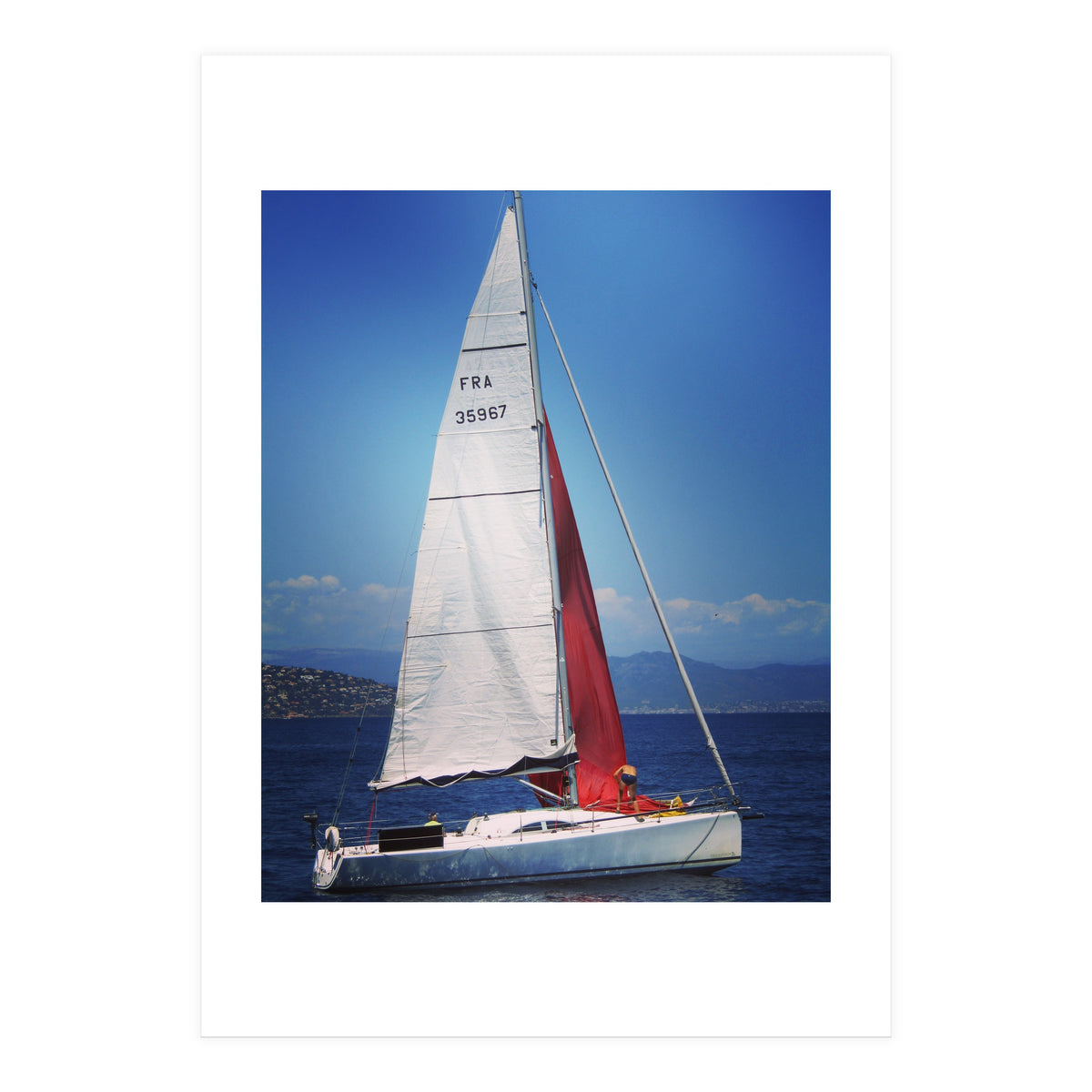 Sailing yacht with white and red sails (Print Only)
