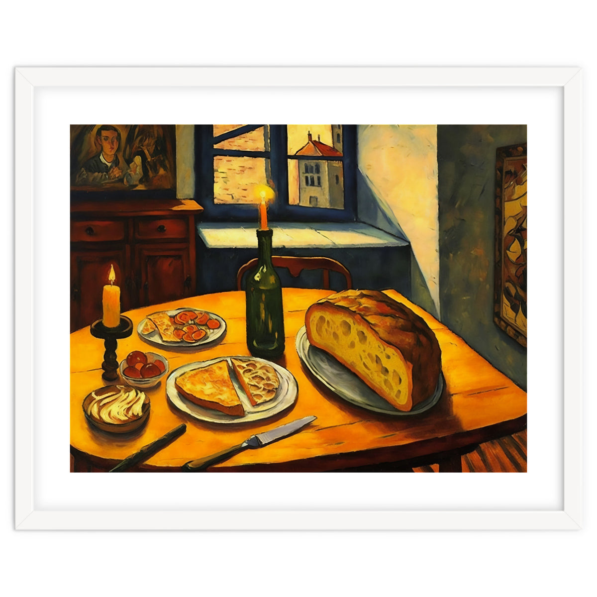Table Setting of Bread and Cheese Oil Painting
