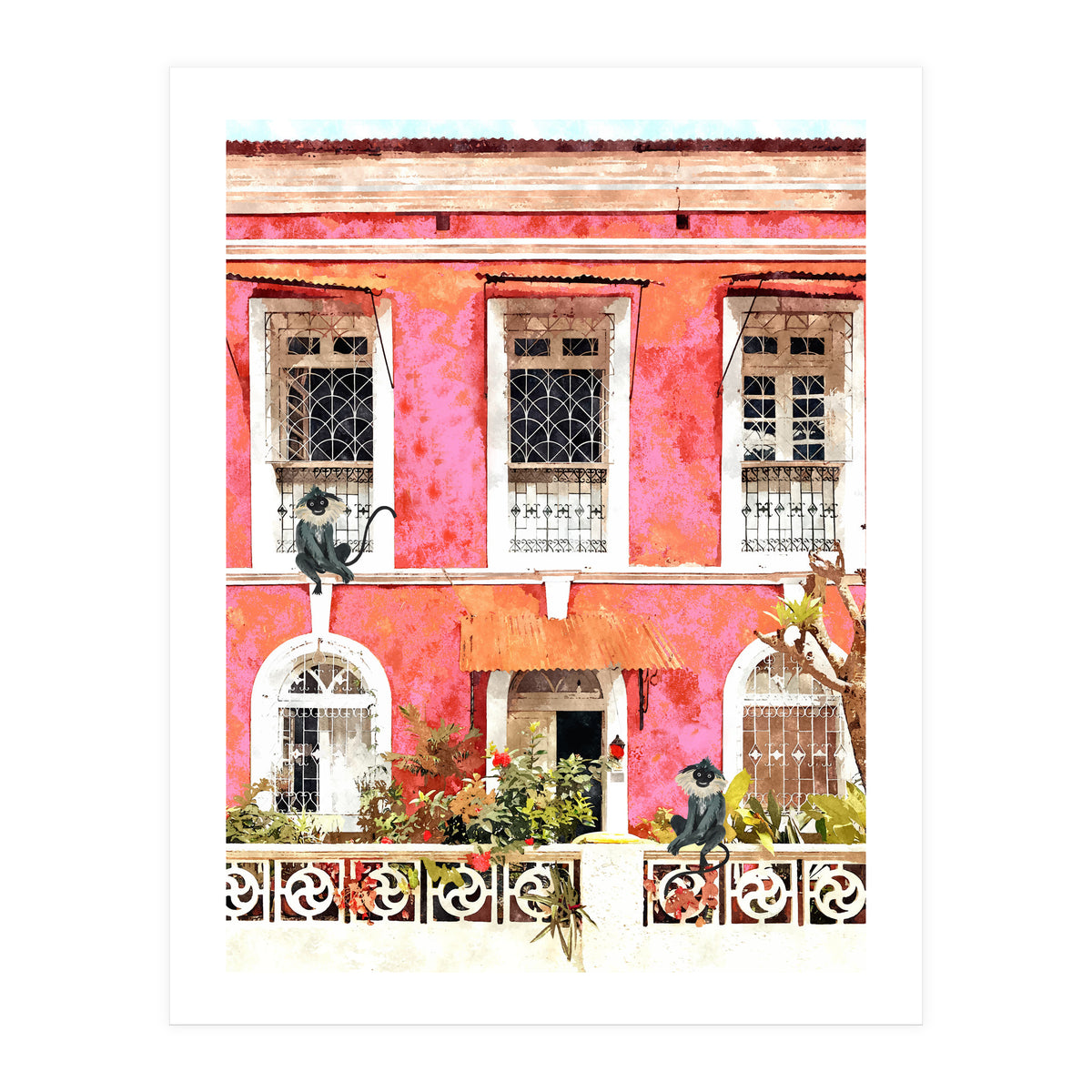 Monkey Business | Watercolor Tropical Goa Architecture Painting | Travel Pastel Pink Blush Building (Print Only)