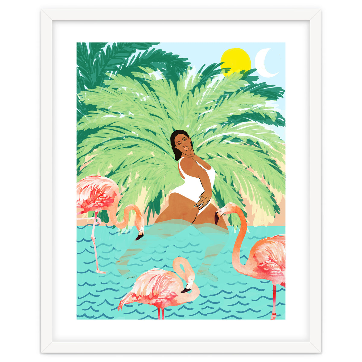 Tropical Summer Water Yoga with Palm & Flamingos | Woman of Color Black Woman Body Positivity
