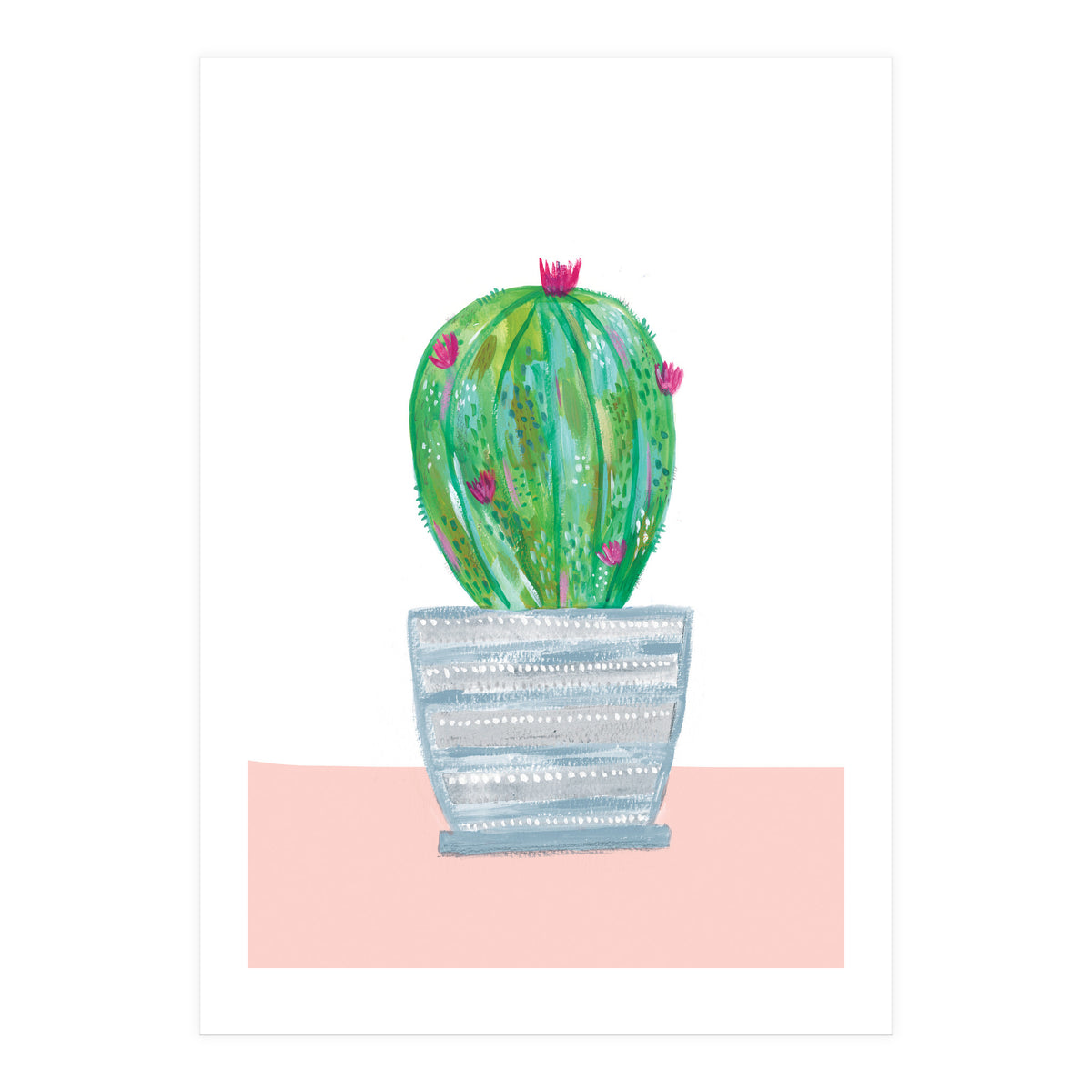 Painted Cactus In Blue Stripe Plant Pot (Print Only)