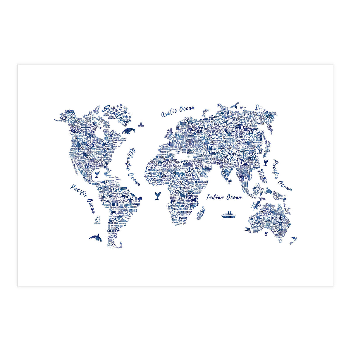 Watercolor World Map in Blue (Print Only)