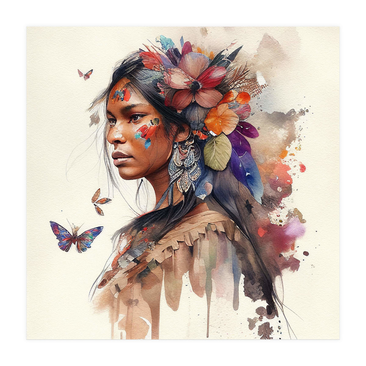 Watercolor Floral Indian Native Woman #9 (Print Only)