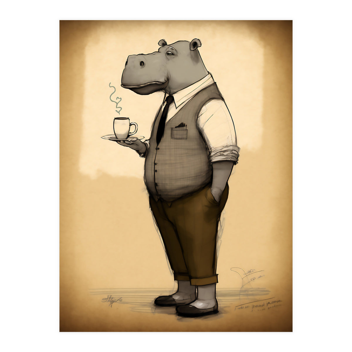 Hippo Hipster Fashion Sketch (Print Only)