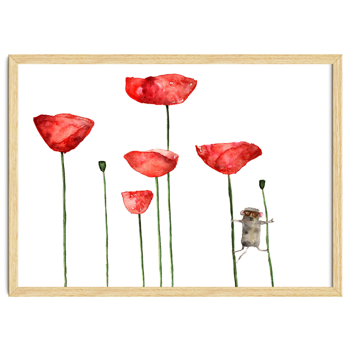 Little mouse loves big poppies || watercolor for nursery