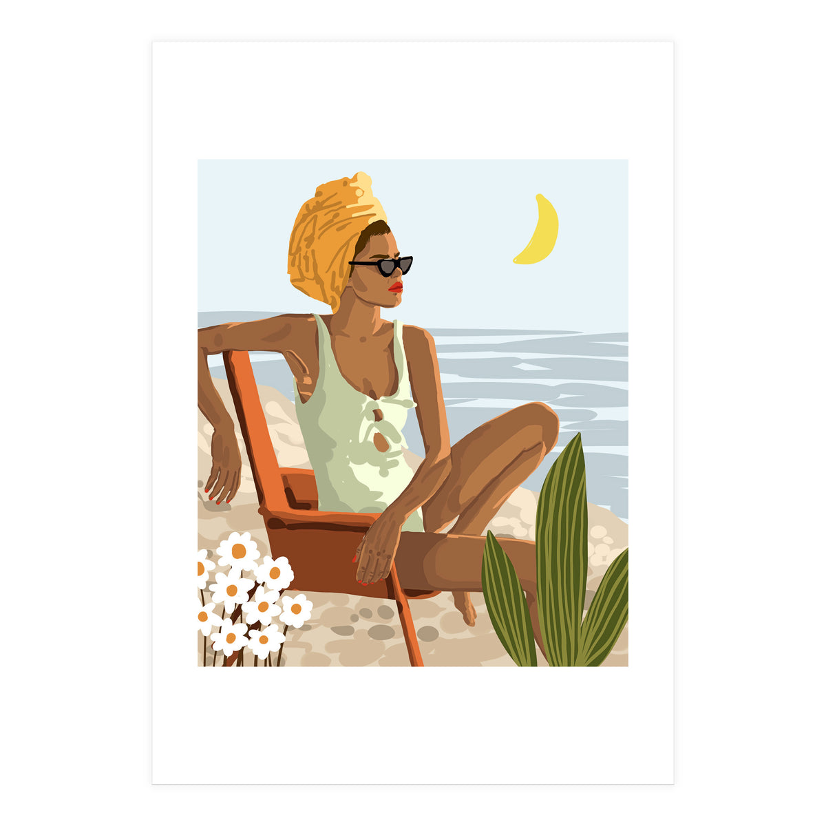 Moon Child, Beach Vacation, Black Woman Illustration Travel Ocean, Tropical Bohemian Fashion (Print Only)