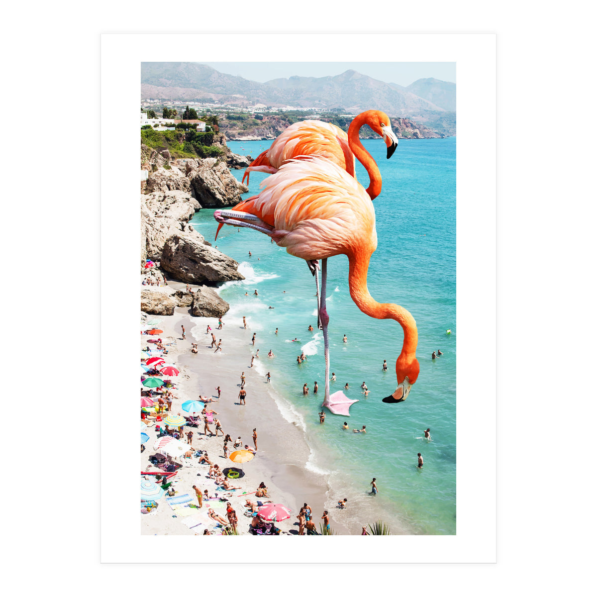 Flamingos on the Beach, Wildlife Surrealism Birds, Nature Flamingo Fantasy Beach Summer Photography (Print Only)