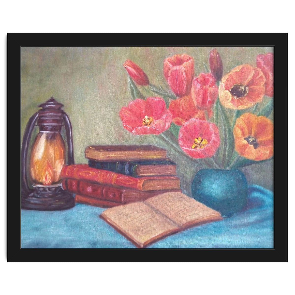 Still life with tulips, books and an old lamp.