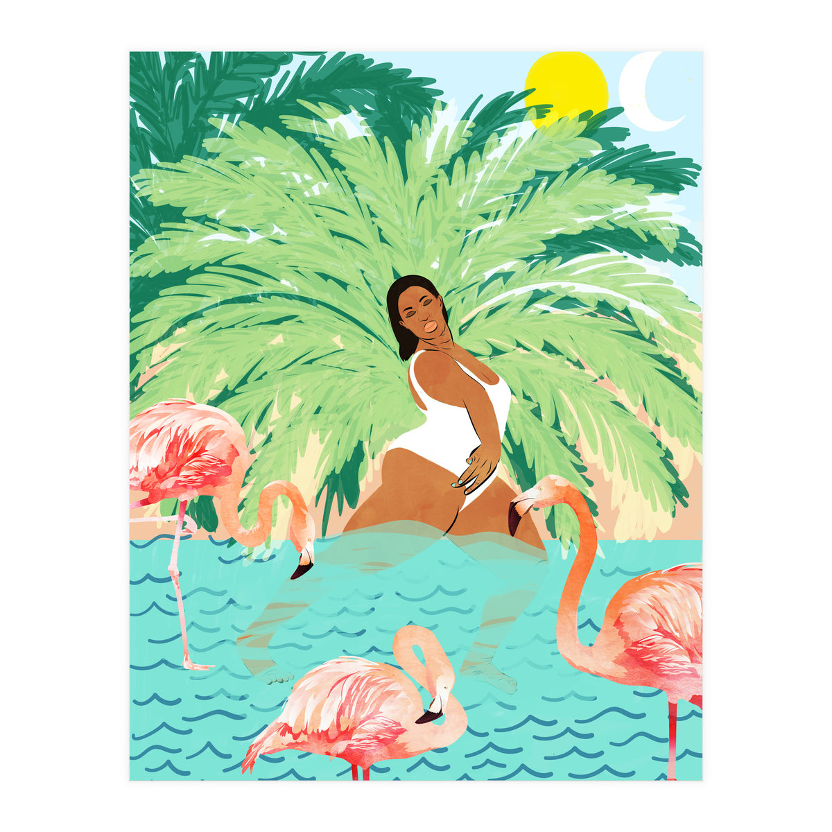 Tropical Summer Water Yoga with Palm & Flamingos | Woman of Color Black Woman Body Positivity (Print Only)