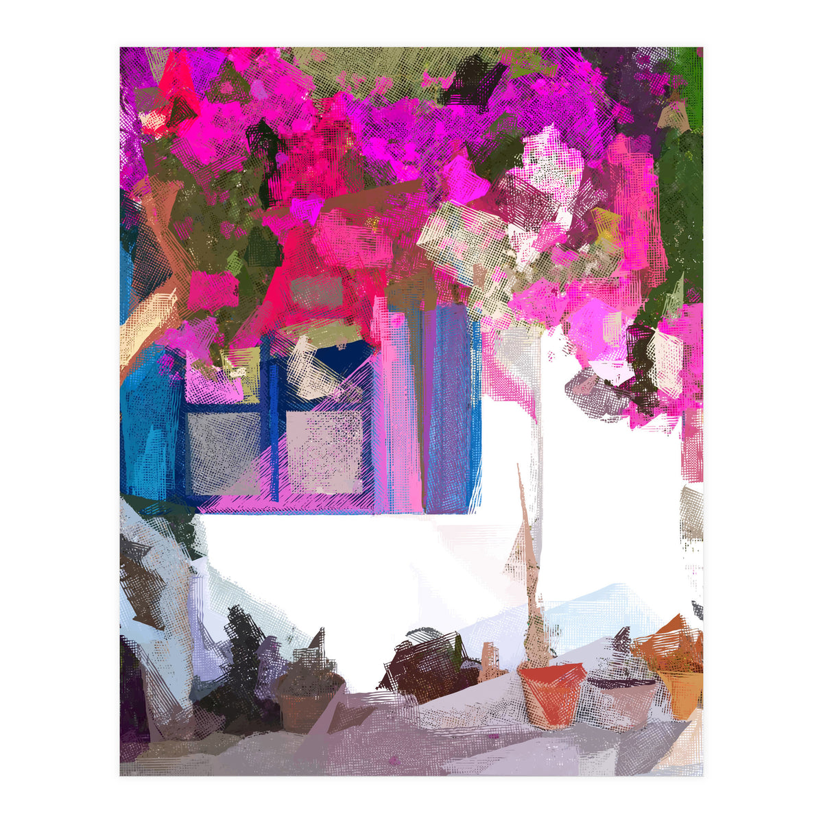 Blossom Is Just Around The Corner, Bougainvillea Tropical Greece Architecture, Botanical SummerTravel Bohemian (Print Only)
