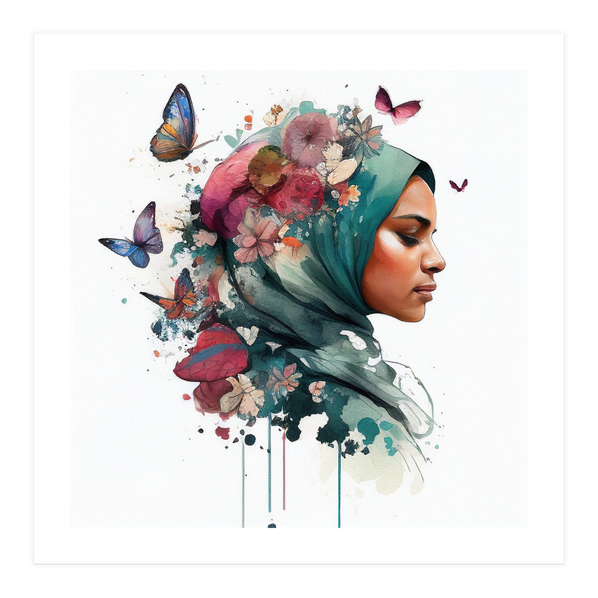 Watercolor Floral Muslim Woman #4 (Print Only)