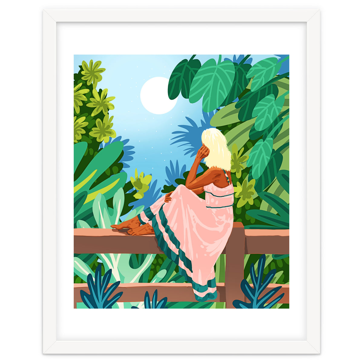 Forest Moon, Bohemian Woman Jungle Nature Tropical Colorful Travel Fashion Illustration