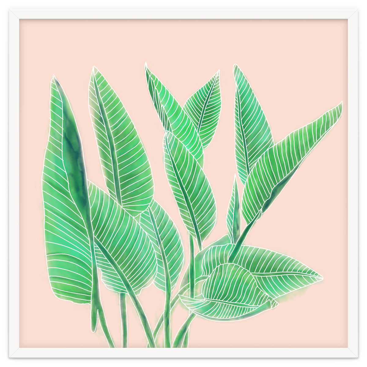 Modern Hand Painted Tropical Green Watercolor Leaf Bird Of Paradise On Pastel Pink