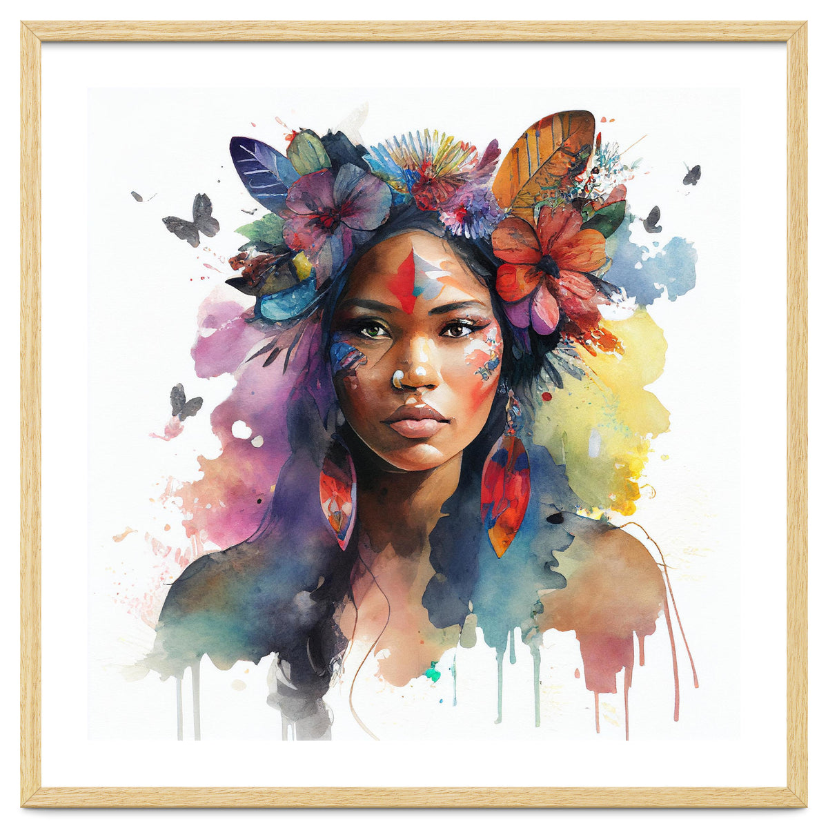 Watercolor Floral Indian Native Woman #1