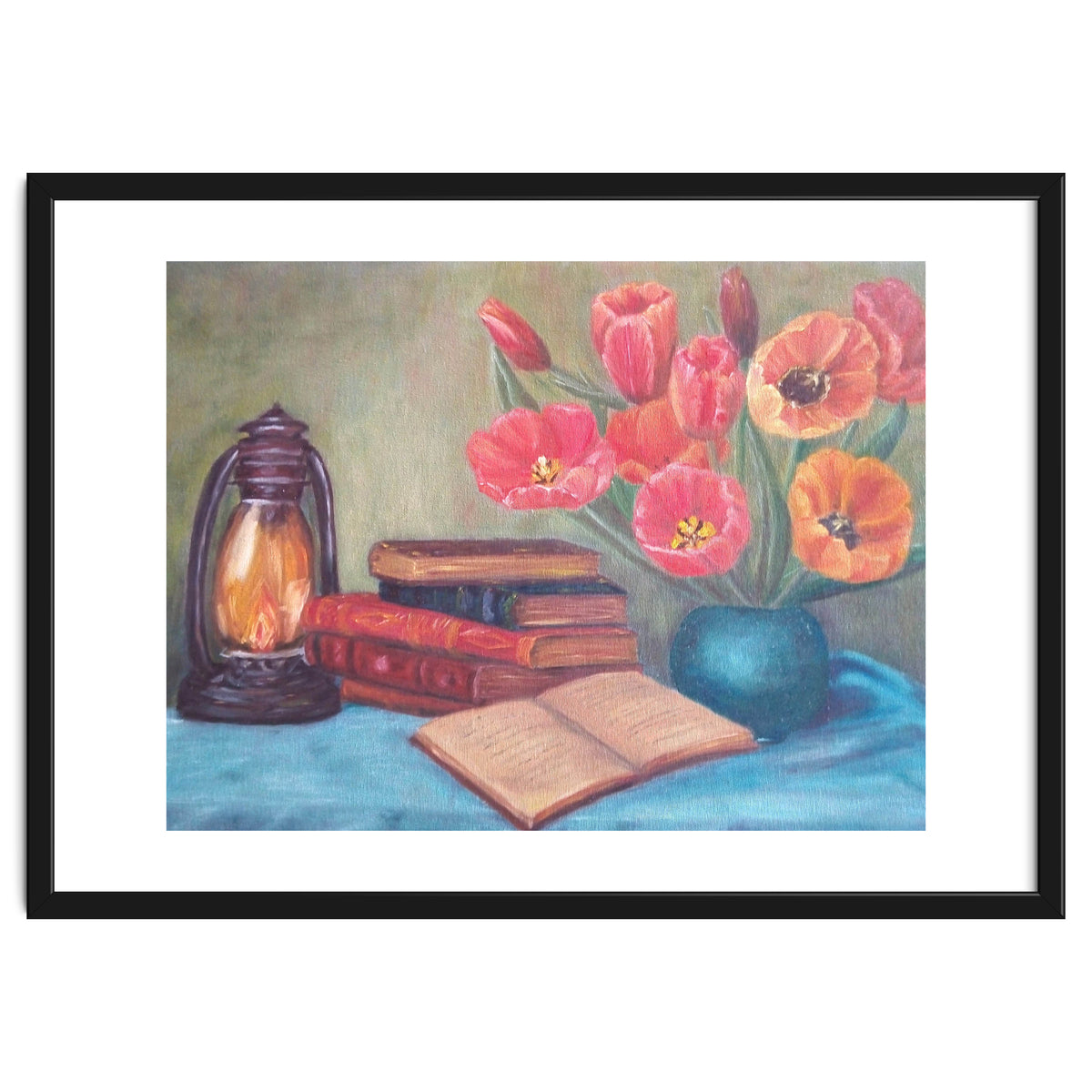 Still life with tulips, books and an old lamp.