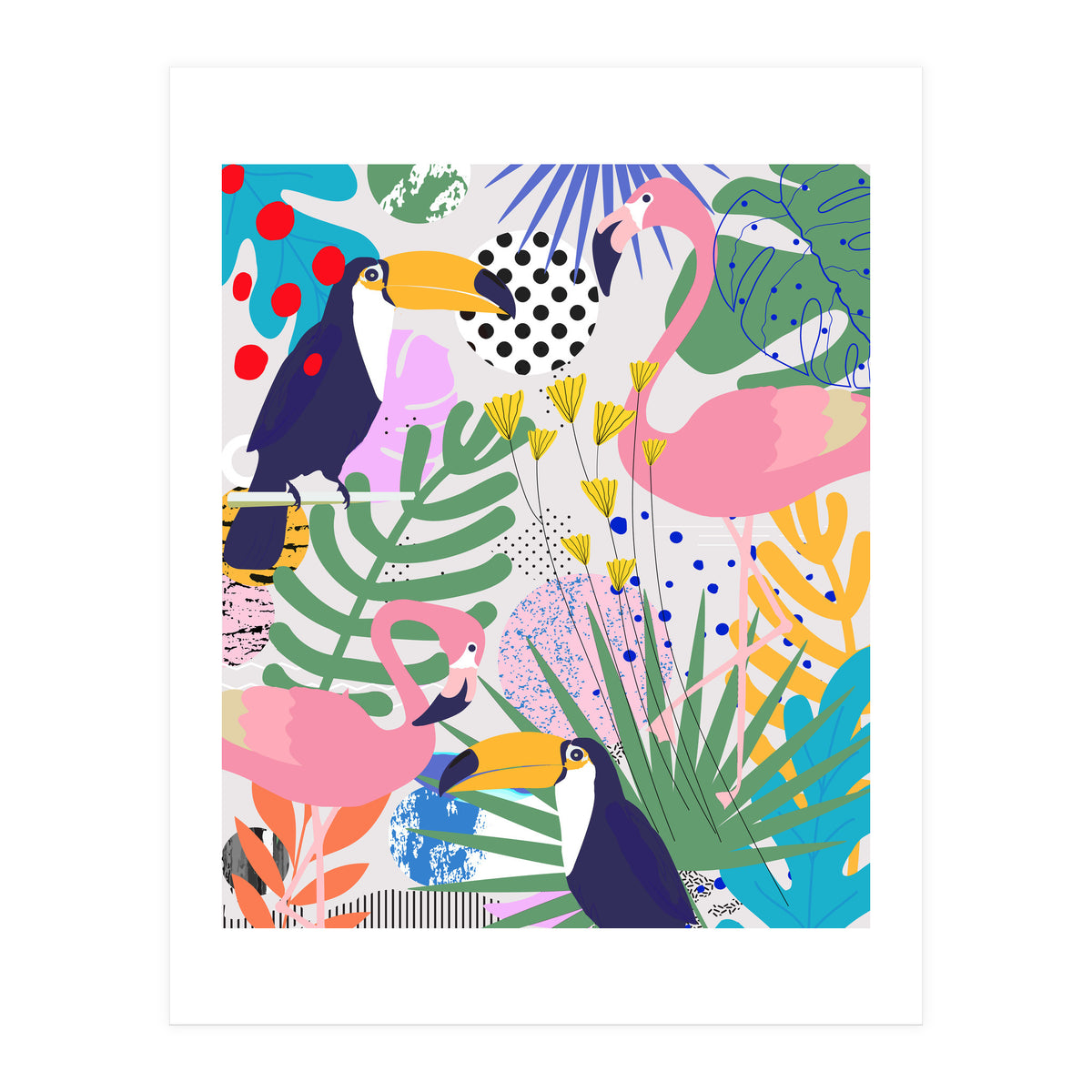 Tropical Spring | Pastel Quirky Modern Bohemian Jungle Botanical | Flamingo Palm Cockatoo Birds (Print Only)